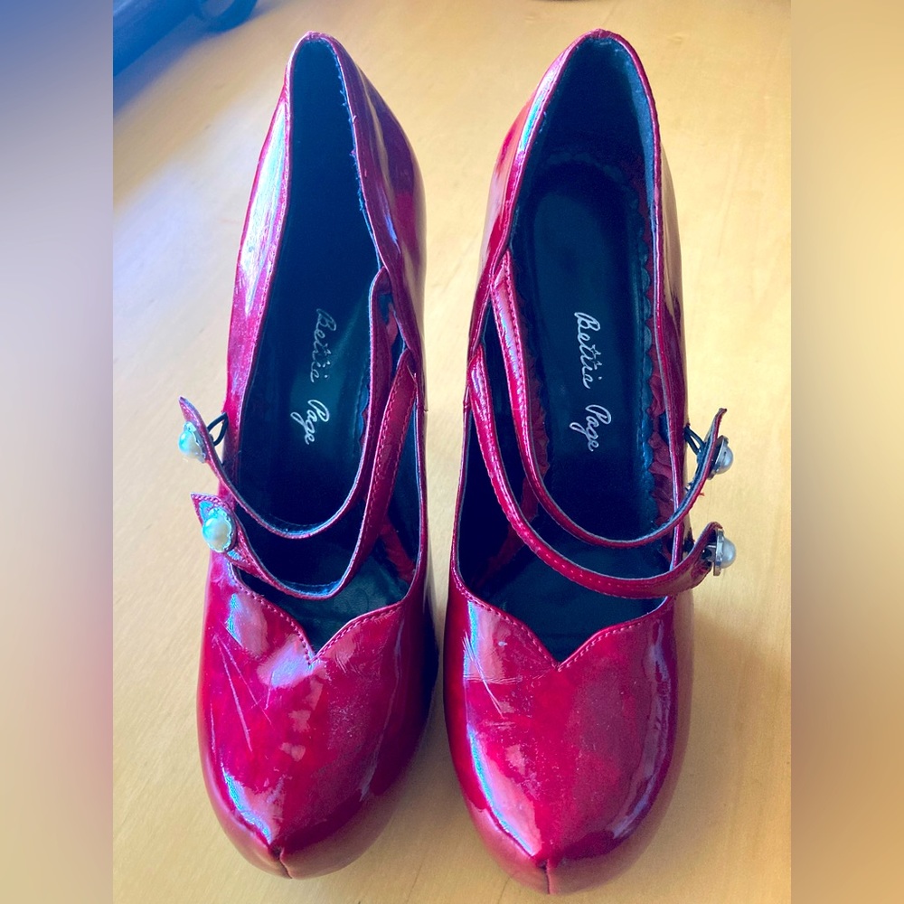 Bettie Page Red Heels with Pearl Accent on Strap